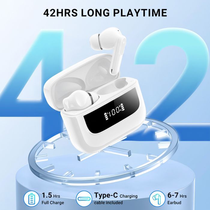 Auriculares inalámbricos Bluetooth 5.4 TOPESCT con cancelación activa de ruido (ANC) y cancelación activa de ruido (ENC), auriculares estéreo resistentes al agua IPX7, 36 horas de duración de la batería, micrófono incorporado (blanco).