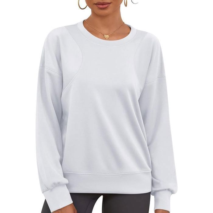 Sweat-shirt Oversize Femme Blanc - Pull Court Ample à Manches Longues et Col Rond - Style Streetwear Décontracté - Taille L