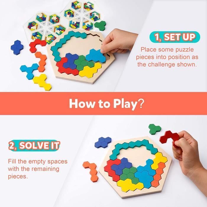 Rompecabezas hexagonal de madera, juguete de tangram para ejercitar la mente, juego educativo Montessori de geometría lógica para todas las edades.