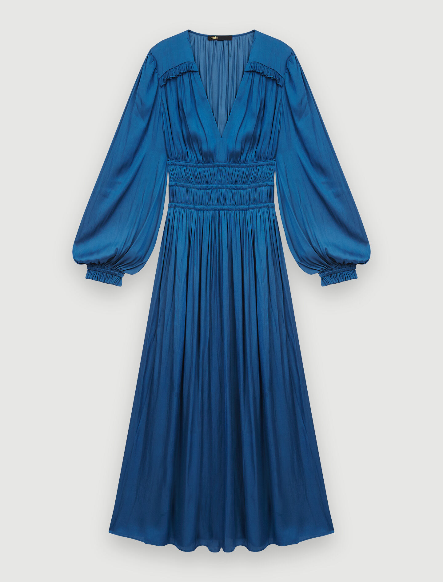 Rochie din satin cu talie încrețită - Albastră