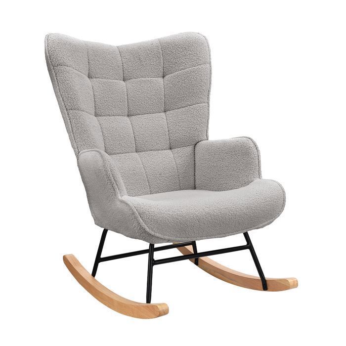 Schommelstoel, fluwelen relaxstoel met teddybeerprint, schommelstoel voor de woonkamer, massief houten en metalen frame, lichtgrijs