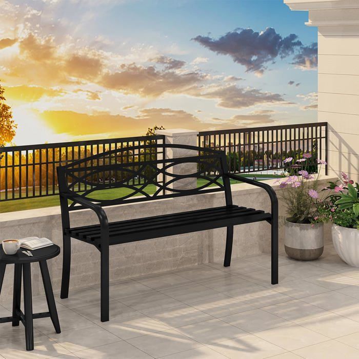 WOLTU tuinbank, metalen buitenbank, weerbestendig, met rugleuning en armleuningen, 127,5x59,5x83cm, zwart
