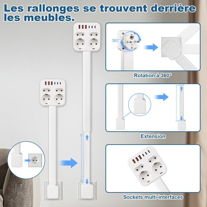 Multiprise Électrique, avec 4 Prises, 3 USB-A et 3 USB-C, 45 - 65 cm Câble Rétractable, 360° Rotation