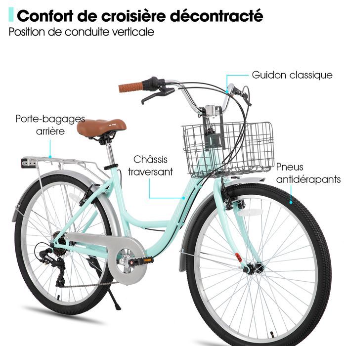 HILAND 26-inch Women's City Bike - 7 Speeds, Dual Safety Brakes, Low Frame, Mudguards and Luggage Rack, Green