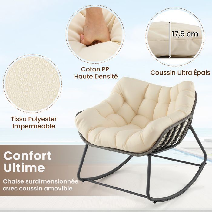 Sedia a dondolo da giardino COSTWAY per esterni in rattan sintetico PE con cuscino spesso removibile, struttura in metallo, portata massima 150 kg, colore beige.