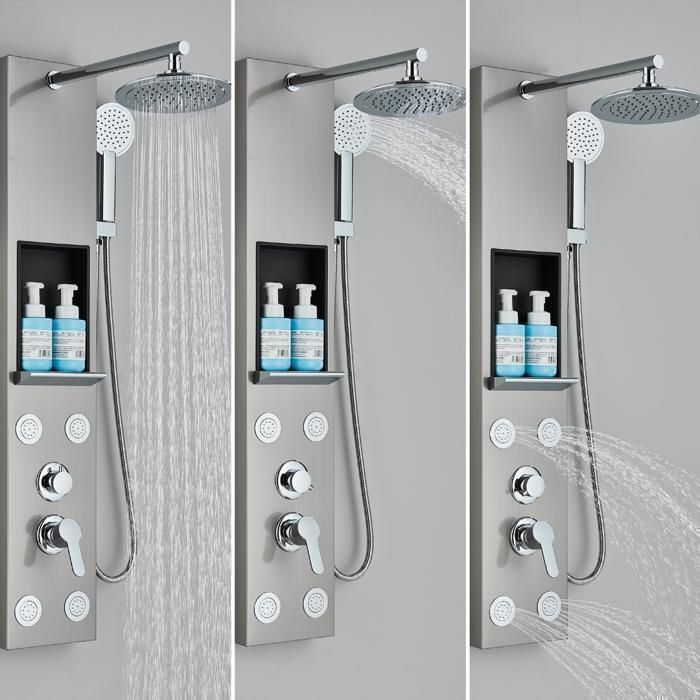 Coluna de duche multifuncional com hidromassagem em aço inoxidável, com chuveiro fixo, função de massagem e prateleira (níquel escovado).