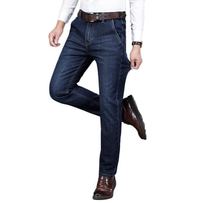 Pantalones vaqueros rectos elásticos para hombre - INSFITY - Cintura alta - Efecto desgastado - Azul oscuro