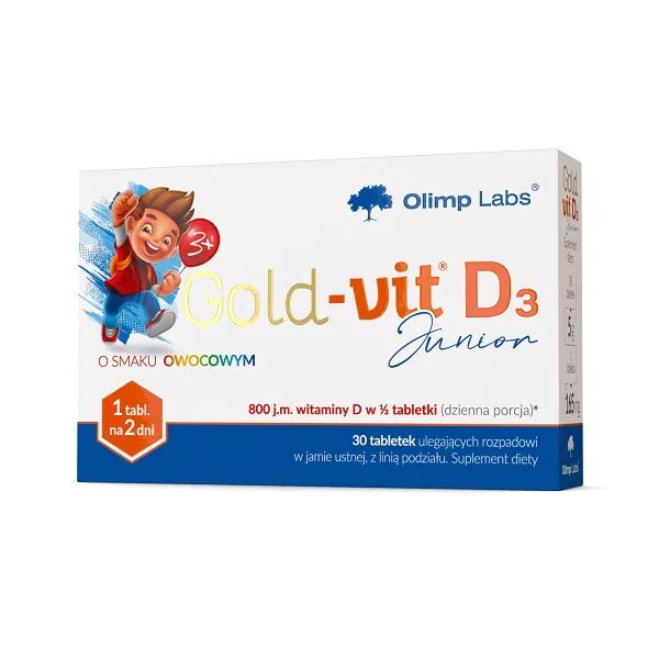 Olimp Gold-Vit D3 Junior, Witamina D 800 j.m., Tabletki ulegające rozpadowi w jamie ustnej, Smak owocowy