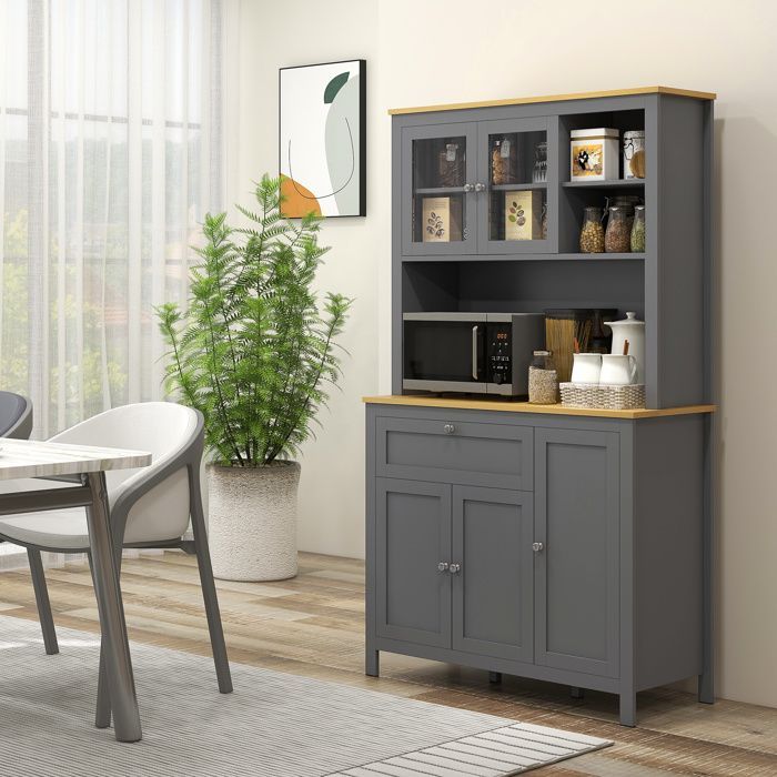 Armoire de cuisine HOMCOM buffet cuisine avec 3 placards, tiroir, niches, passe-câble, étagères réglables et portes vitrées, gris