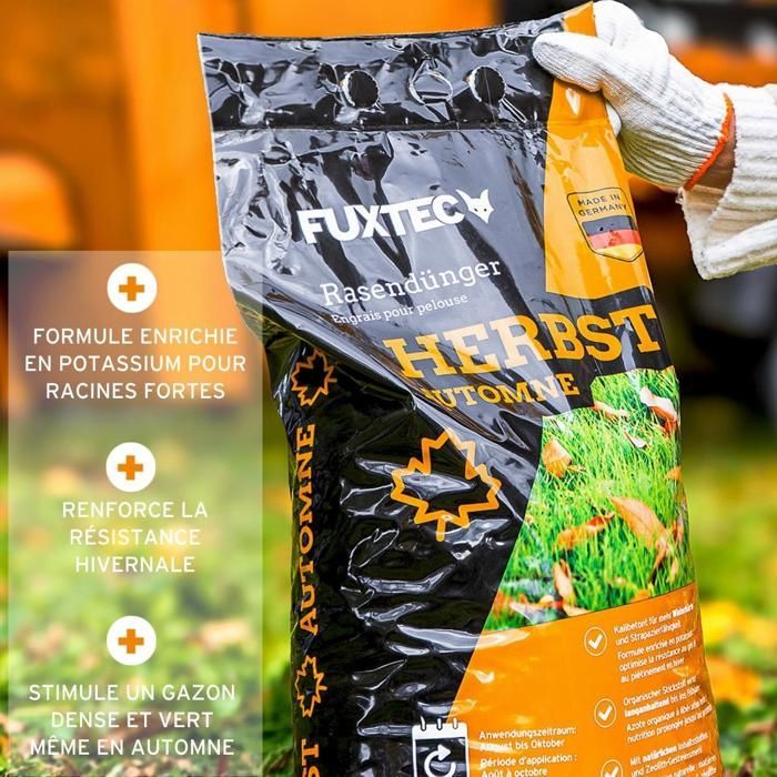 Engrais gazon automne FUXTEC FX-RDH10 potassium 2x sacs 5 kg pour 500 m2 granulés solubles fabrication allemande
