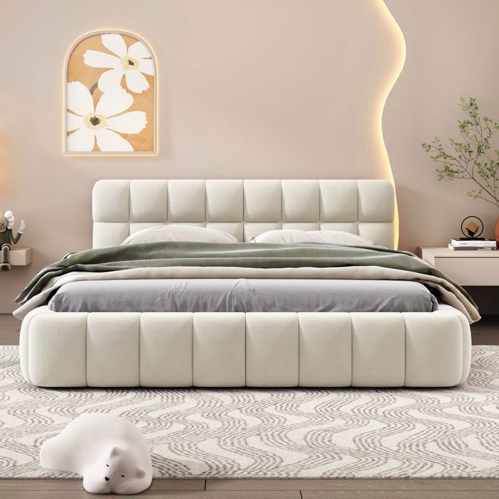 Cama tapizada de 140 x 190 cm, estructura de cama para 2 personas, cama de adulto, cama a ras de suelo, base de láminas, lino, beige