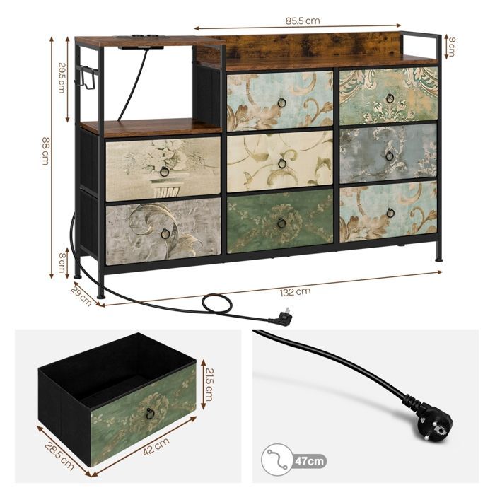 Cómoda WOLTU - 8 cajones y estación de carga - Metal y madera de ingeniería - Diseño floral vintage