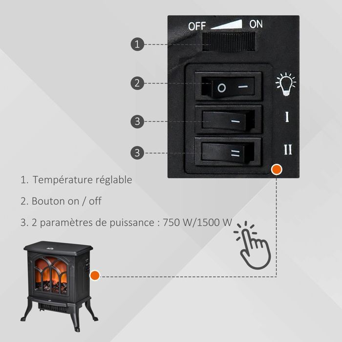 Chimenea eléctrica - HOMCOM - independiente 750-1500 W, efecto llama LED, protección contra sobrecalentamiento - acero - negro