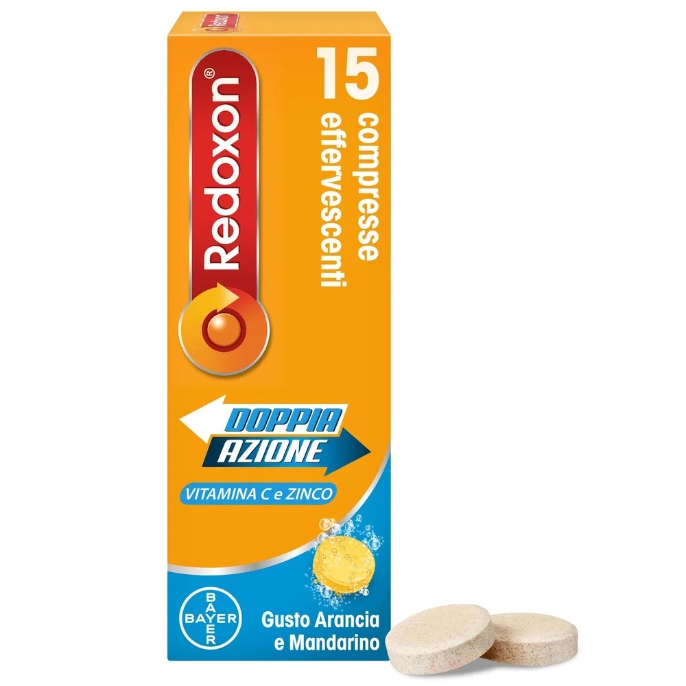 BAYER Redoxon Double Action, saveur orange et mandarine, 15 comprimés effervescents, complément alimentaire avec vitamine C et zinc