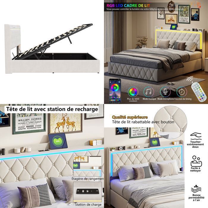 Lit 140x190 cm - NMONET - LED - tissu en velours - cadre de lit double 140x190 cm - beige