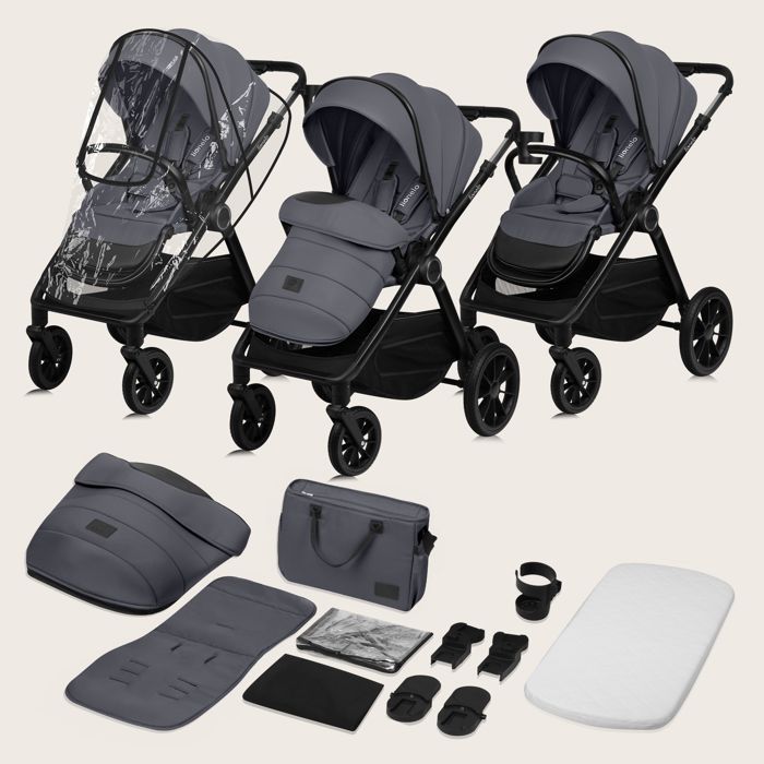 Poussette combinée 2en1 LIONELO Layla - Naissance jusqu'à 22kg - Pack poussette Duo, Nacelle, sac et accessoires - Gris