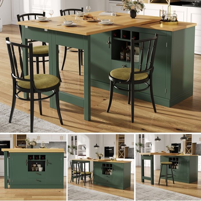 Isla de cocina multifuncional extensible, mesa de bar ajustable con rotación de 360° (120-180 cm), con 2 cajones y puertas, color verde.