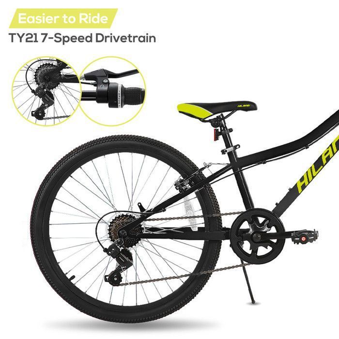 Hiland Vélo enfant 24 pouces, dérailleur Shimano 7 vitesses, VTT unisexe, fourche suspendue, freins V-Brake - Noir