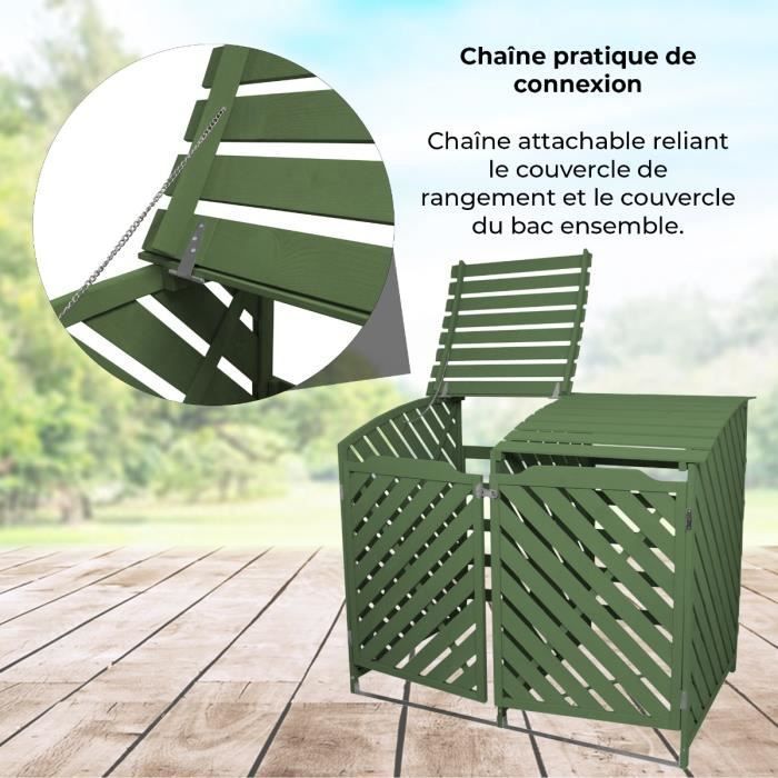 Cache Poubelle Double en Bois 2 x 240L Vert Sauge Rangement Extérieur Jardin