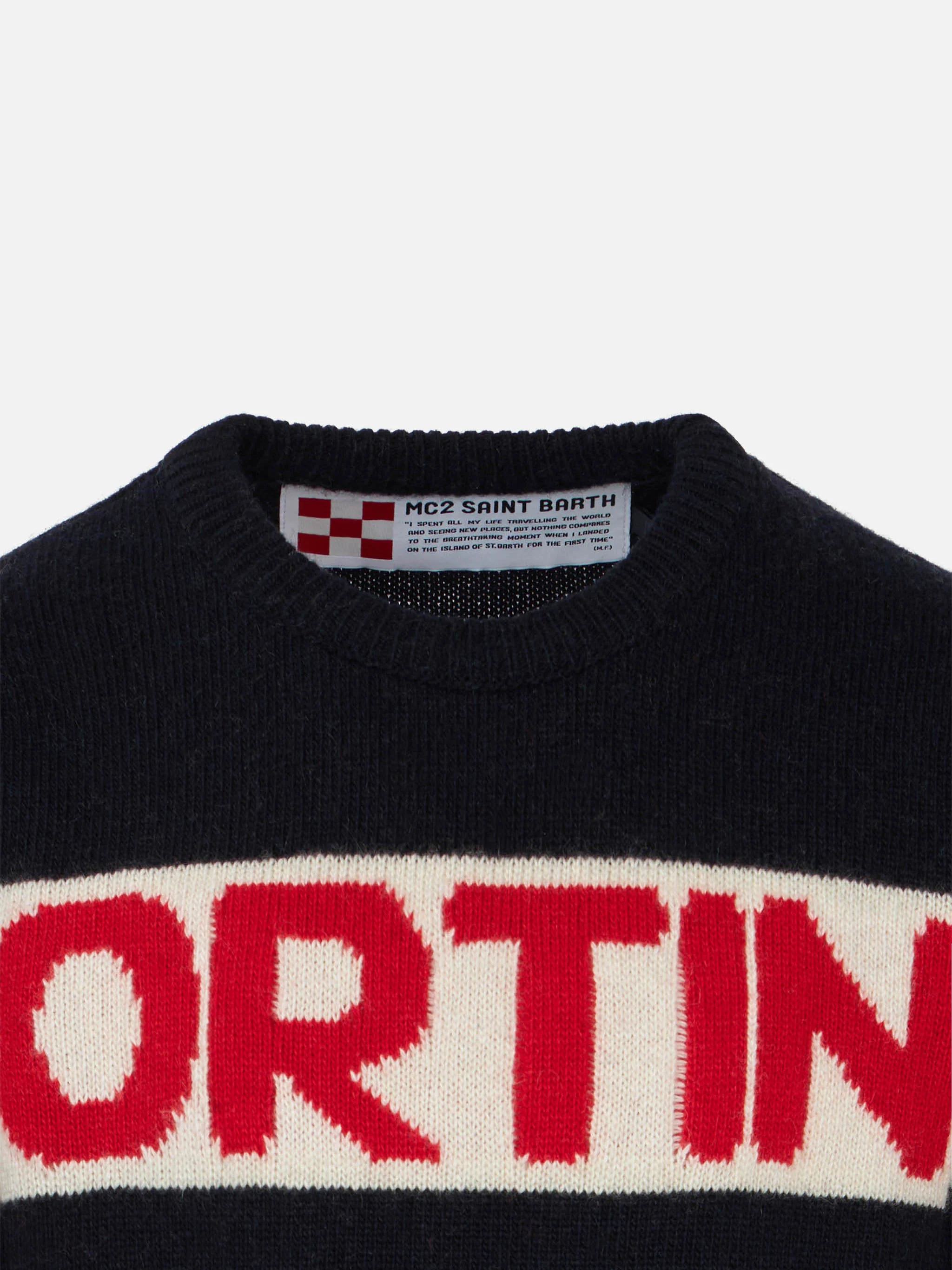 Maglione blu da bambino grafica Cortina rossa