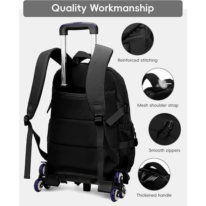 Back to School Backpack with Wheels for Boys - MEGAWISE - Plain - Waterproof Nylon - Black