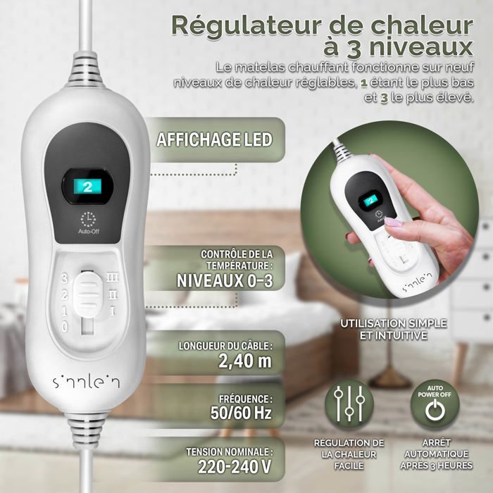 Coprimaterasso elettrico riscaldante Sinnlein 160x140 cm | 2 persone - con spegnimento automatico | Riscaldatore per materasso con 3 impostazioni di temperatura