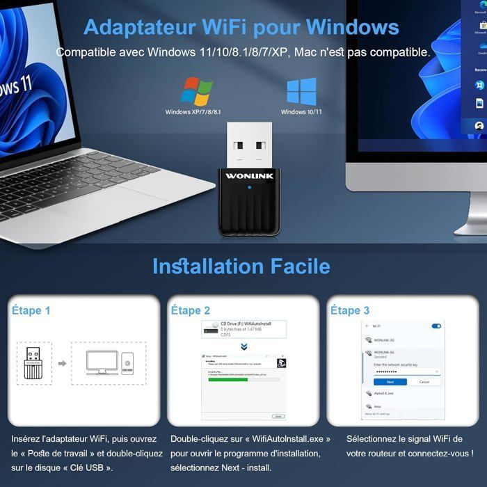 Adaptador WiFi USB para PC, potente adaptador WiFi nano de doble banda 5G/2.4GHz, dongle WiFi USB AC650 Mbps, WPA3, MU-MIMO