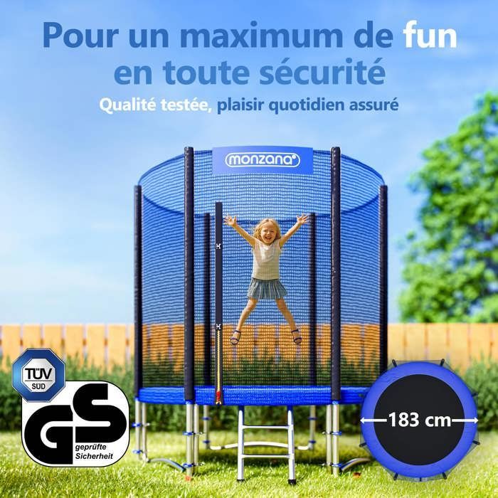Monzana ronde buitentrampoline Ø183cm max. 50kg complete set veiligheidsnet toegangspoort ladder palen tuin
