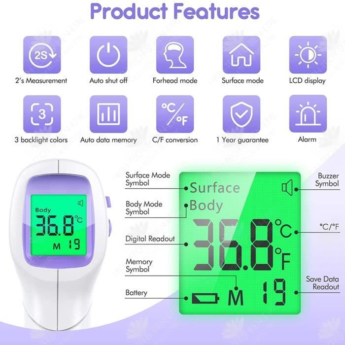 HTBE® Thermomètre frontal, thermomètre infrarouge sans contact, thermomètre électronique de précision, thermomètre pour le corps hum