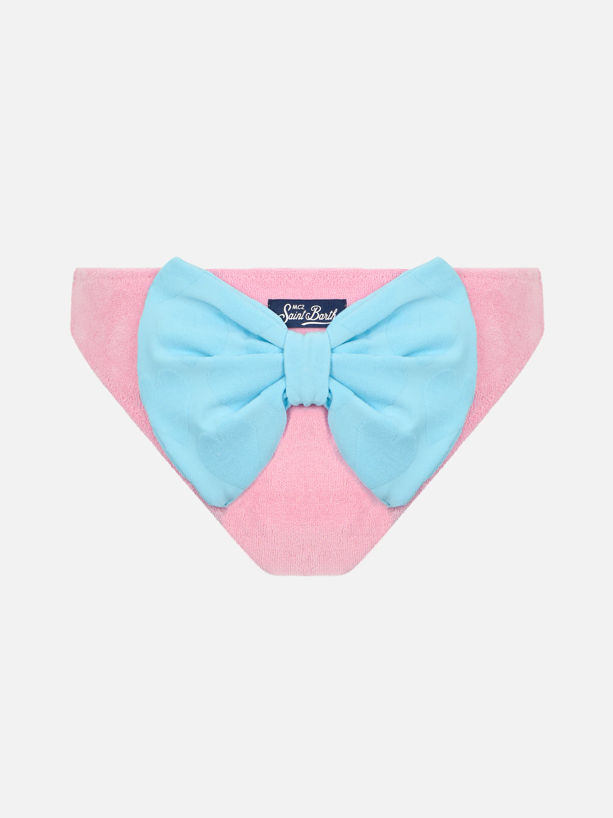 Roze badpakje van badstof voor meisjes met strik