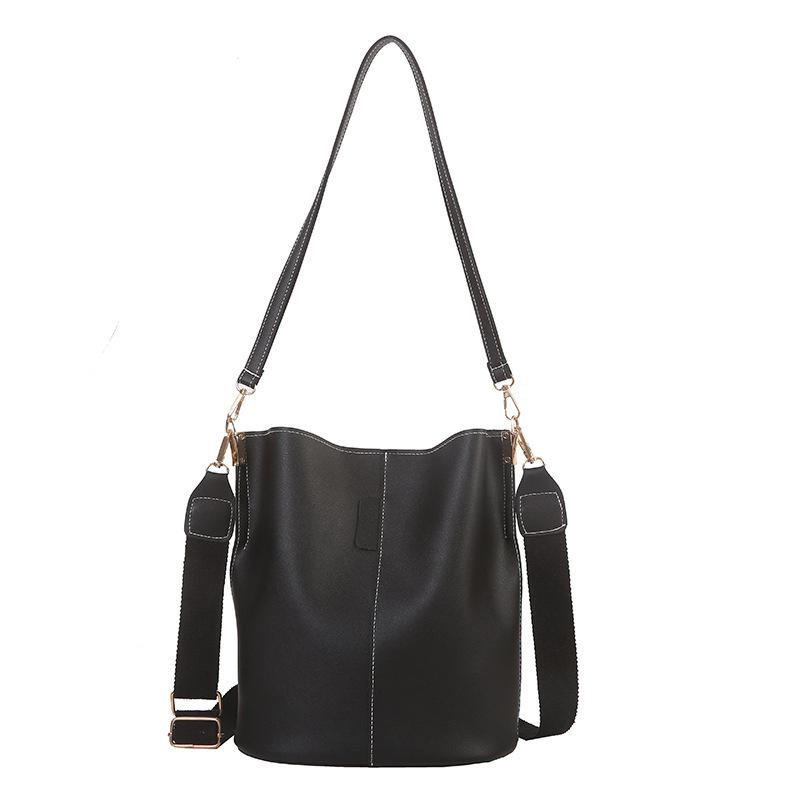 Sac seau femme uni tendance 2020, bandoulière large, en cuir PU, grande capacité, avec anse.