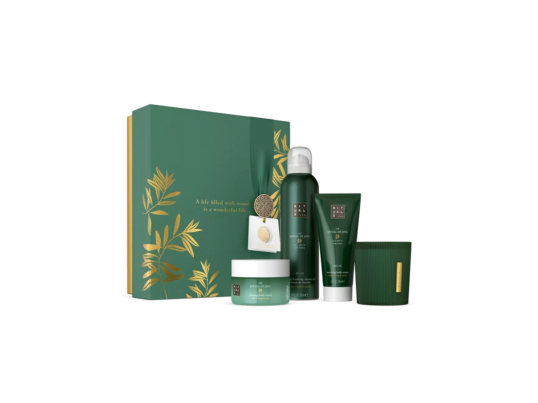 The Ritual of Jing poklon set M schuimende douchegel 200 ml, krema za tijelo 100 ml, piling za tijelo 125 g, kaars 140 gr