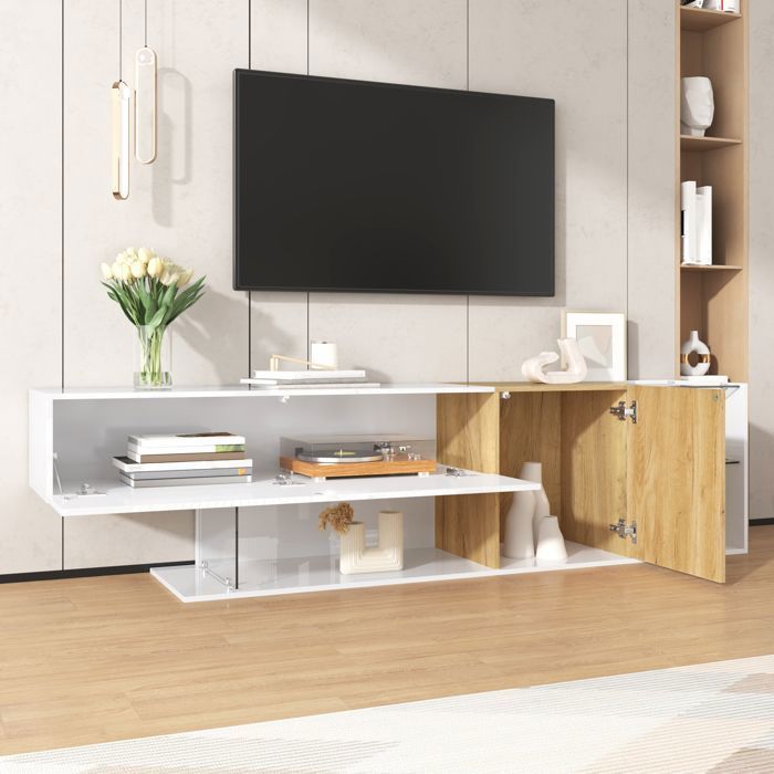 Mobile porta TV moderno - LEMONBEST - 180x38x48 cm - Bianco lucido - 2 ante - Ripiani in vetro temperato