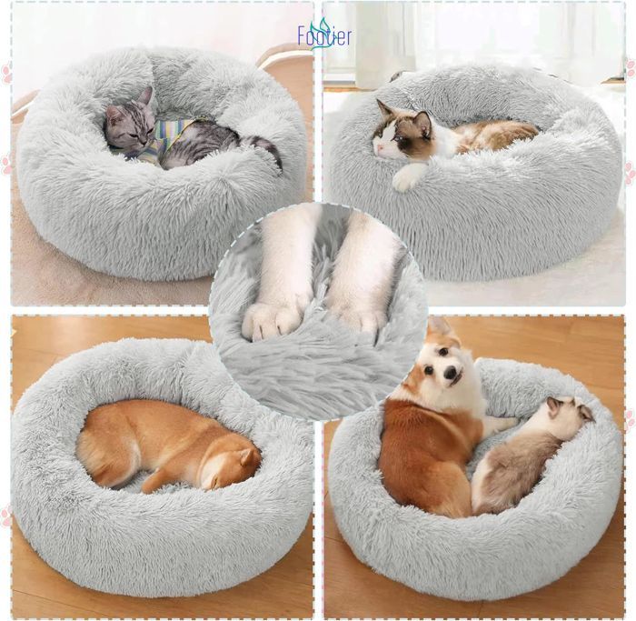 Panier pour chat/chien - Chaud - 60 cm - Gris clair - Peluche - Cylindrique - Anti-Anxiété