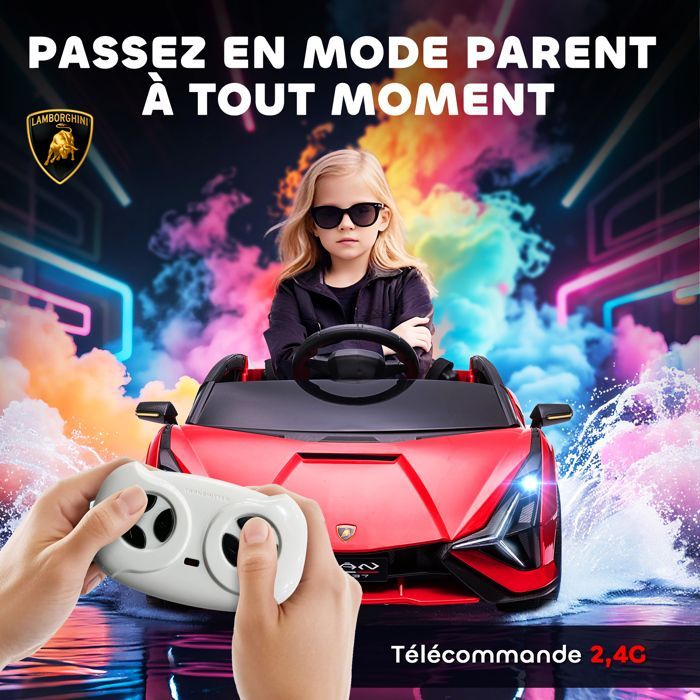 Coche eléctrico infantil - HOMCOM - Lamborghini Sian 12V con mando a distancia 2.4G, efectos de sonido y luces LED - ABS - Rojo