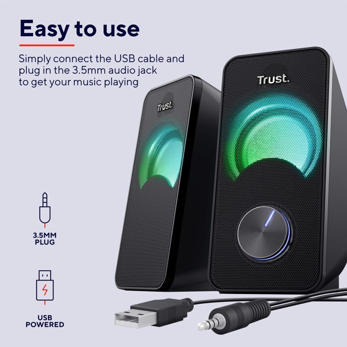 Altavoz para PC Trust Arys 2.0 con iluminación LED, 12 W (6 W RMS), conector de 3,5 mm, altavoz USB.