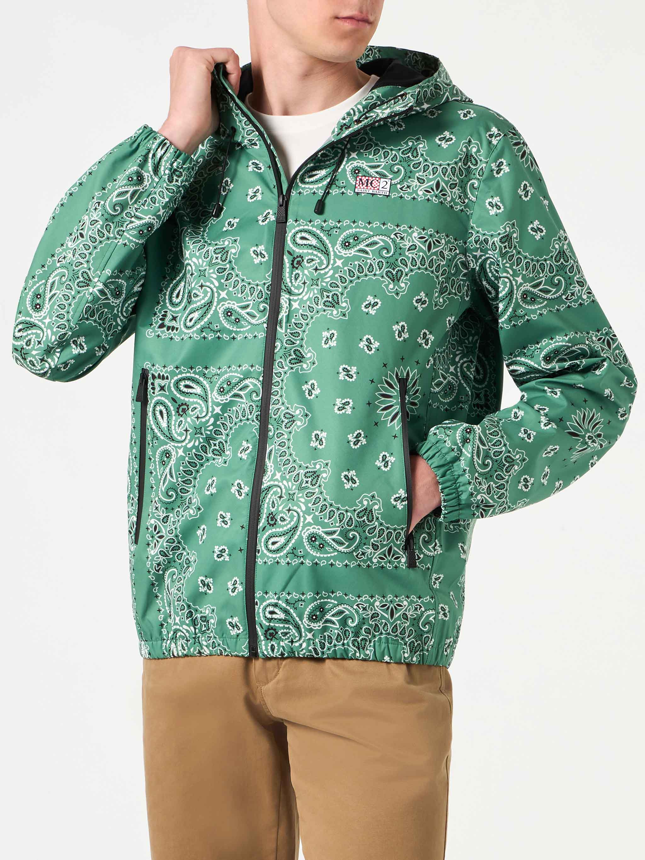 Herenjas met capuchon in legergroene bandana-print