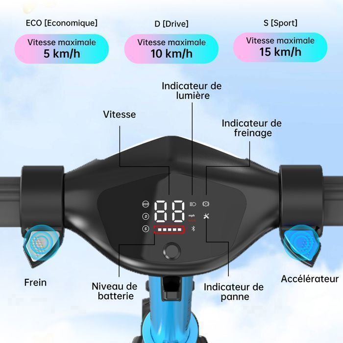 RCB R12 Trottinette Electrique Enfants pliable âge - Écran numérique - néons colorés - Cadeau Super Bleu