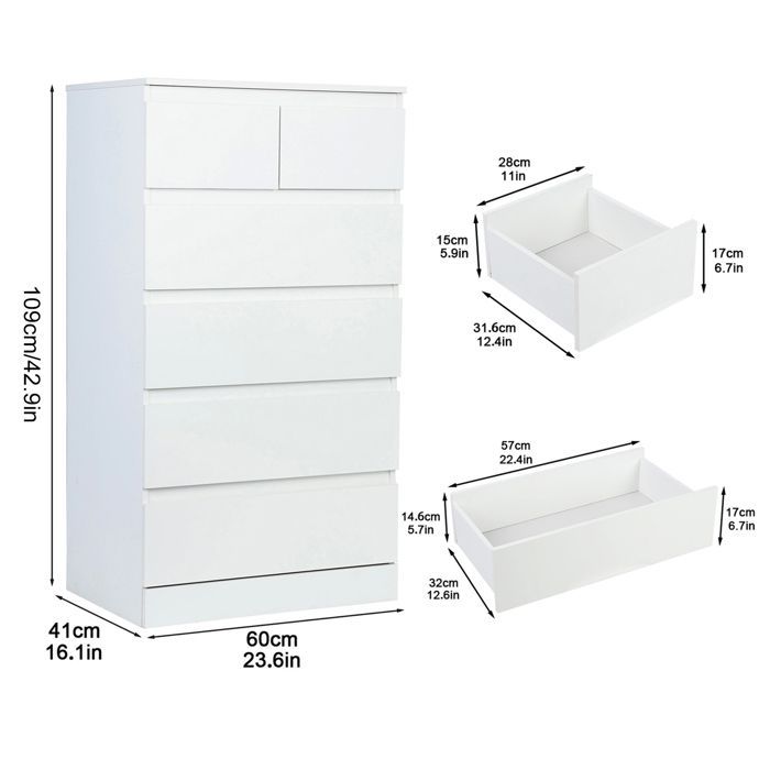 Commode Blanc - Moderne - 60X41X109CM - Avec 6 Tiroirs - en Bois - Multi-fonctions - BLANC
