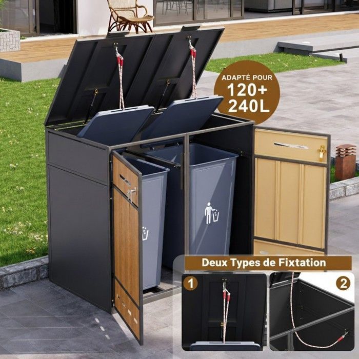 Cache-poubelle extérieur - LANGTU - 4x120–240L - Acier aspect bois - Verrouillable - Aération intégrée