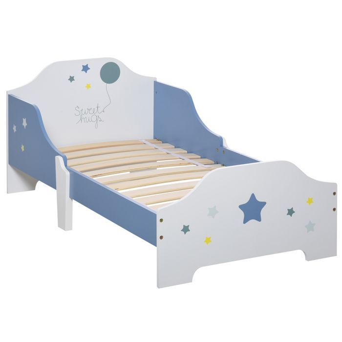 Cama infantil - HOMCOM - De 3 a 6 años - Diseño de estrellas - Base de láminas incluida - Dormitorio moderno - 143 x 74 x 59 cm - Azul y blanco