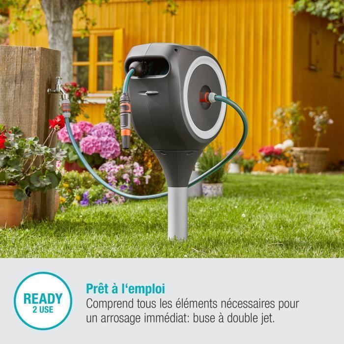GARDENA RollUp S 15m Automatic Hose Reel with White Trim - Complete Kit - 5 Year Warranty