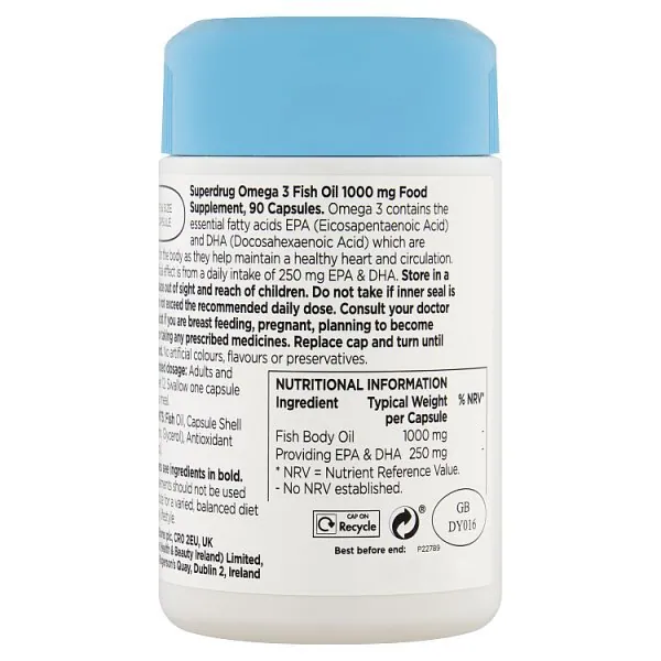 Superdrug Omega 3 fiskeolje 1000 mg høy styrke 90 kapsler