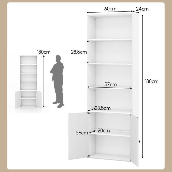 Librería COSTWAY de 180 cm con 4 niveles y armario de 2 puertas, unidad de almacenamiento con dispositivo antivuelco, color blanco.