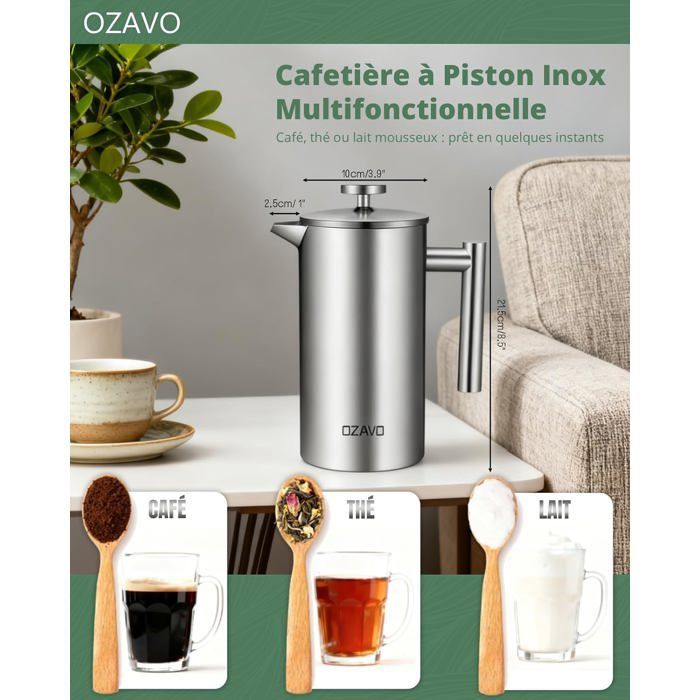 OZAVO - Cafetière à Piston 1L Inox Isotherme avec 5 Filtres Remplacement Acier inoxydable