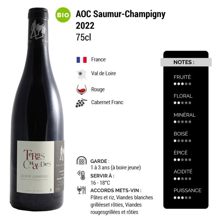 Domaine des Roches Neuves Saumur-Champigny Terres Chaudes 2022 - Vino rosso della Valle della Loira (6x75cl) Biologico