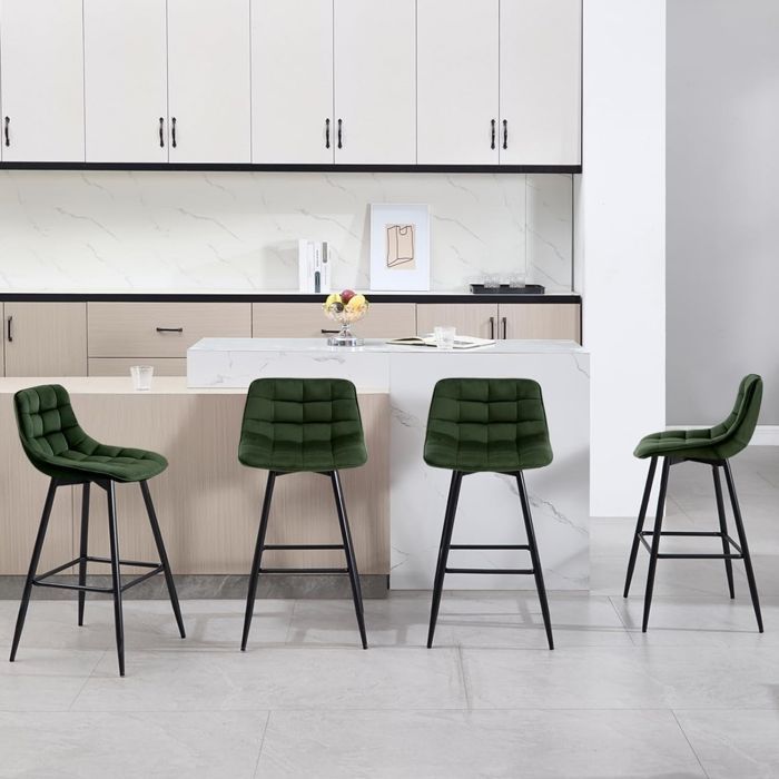 Taburete de bar WOLTU 4X, silla de bar, asiento tapizado en terciopelo con patas y reposapiés de metal, verde oscuro.