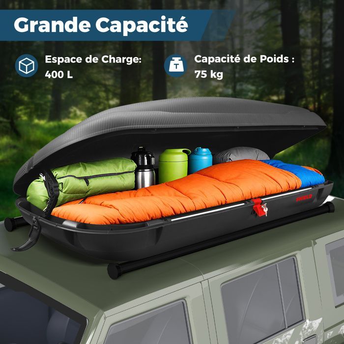 Cofre de techo rígido para coche COSTWAY de 400 L - Llaves, correas, apertura lateral, impermeable, para coches con barras de techo, negro