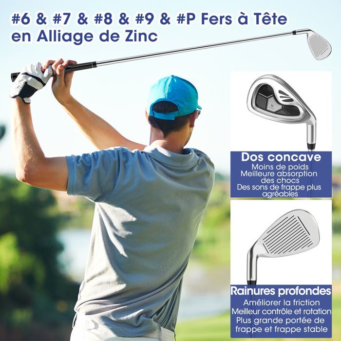 Juego de palos de golf COSTWAY de 9 piezas para hombre diestro: Driver de aleación de aluminio, 3 fundas para palos de calle e híbridos, 5 hierros y putter (gris).