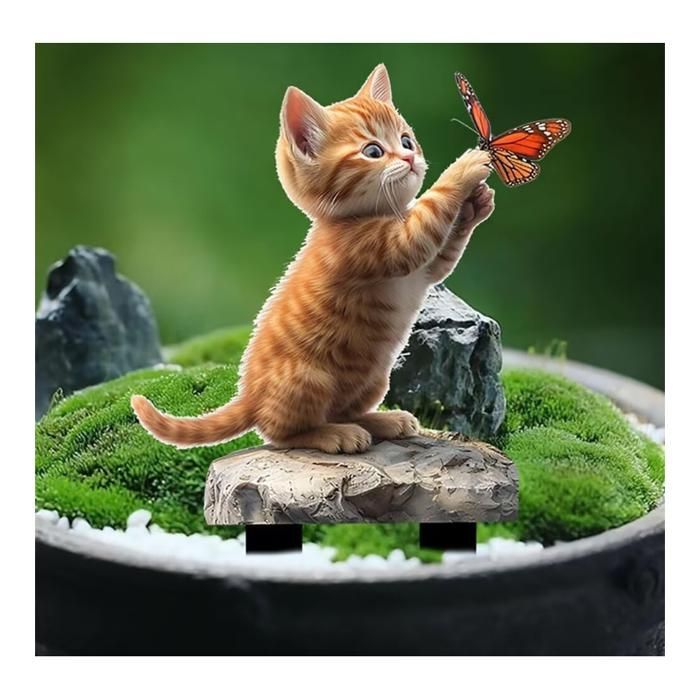 Estaca acrílica para jardín con forma de gato y mariposa, apta para decoración interior y exterior, ideal para macetas.